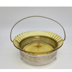 Vtg c1900s Heisey Glass Amber Bride Basket Royal Rochester Silver Repousse Stand